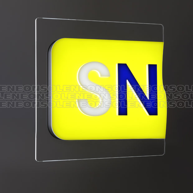 Illuminated signs on glass with illuminated background and letters in relief
